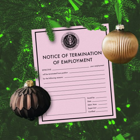 A photo illustration of a pink slip hanging among ornaments on a Christmas tree