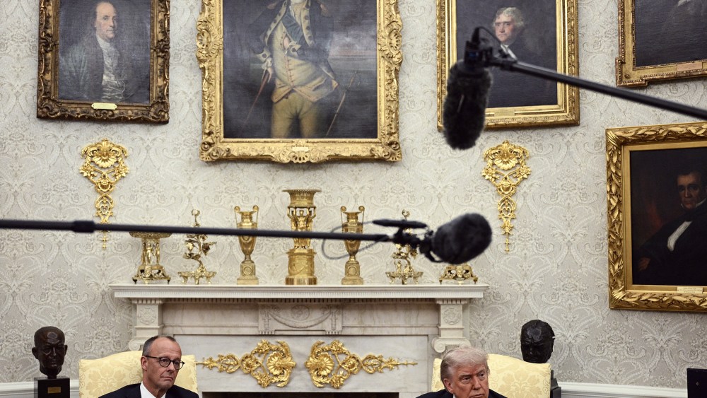 U.S. President Donald Trump and German Chancellor Friedrich Merz meet in the Oval Office on June 5, 2025.