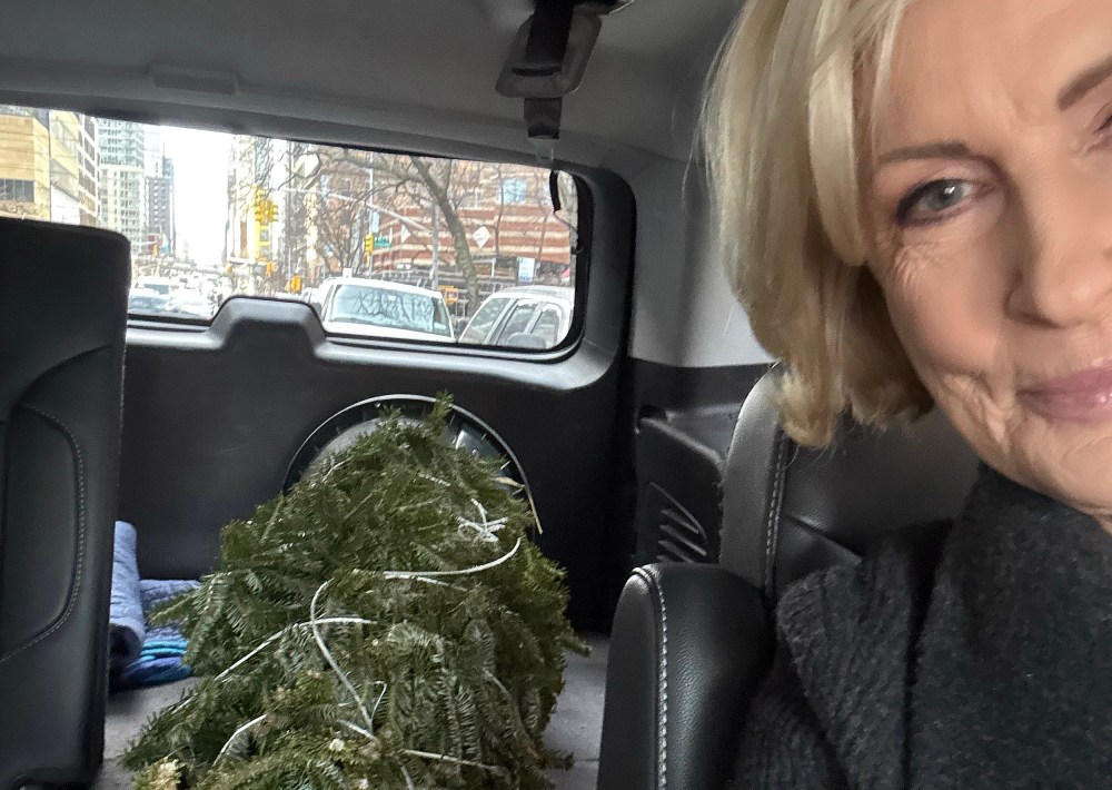 Mika Brzezinski in her car with the Christmas Tree she bought.