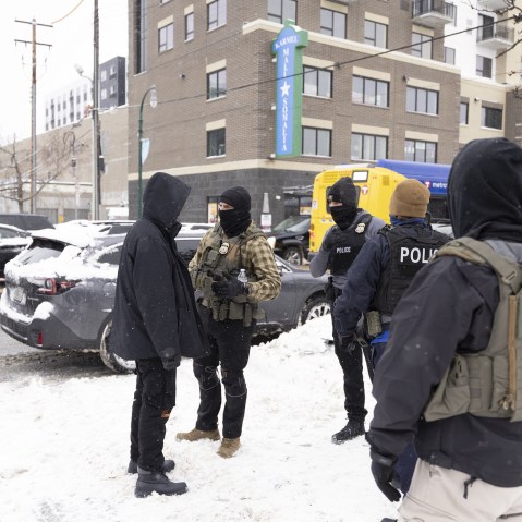 ICE officers question a man's status on Lake Street near a Somali mall called the Karmel Mall in Minnesota.