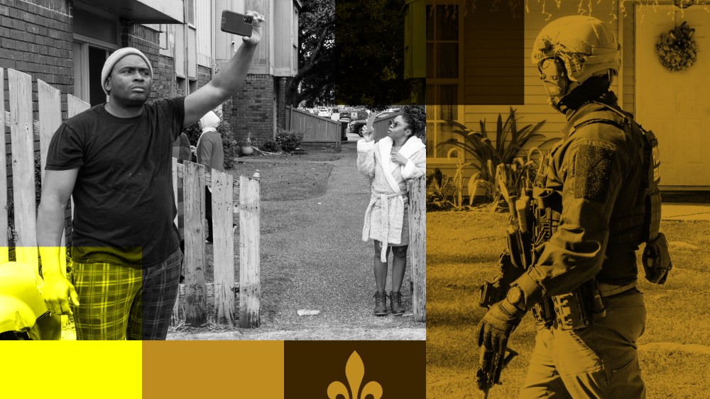 A collage of New Orleans residents filming and an federal officer