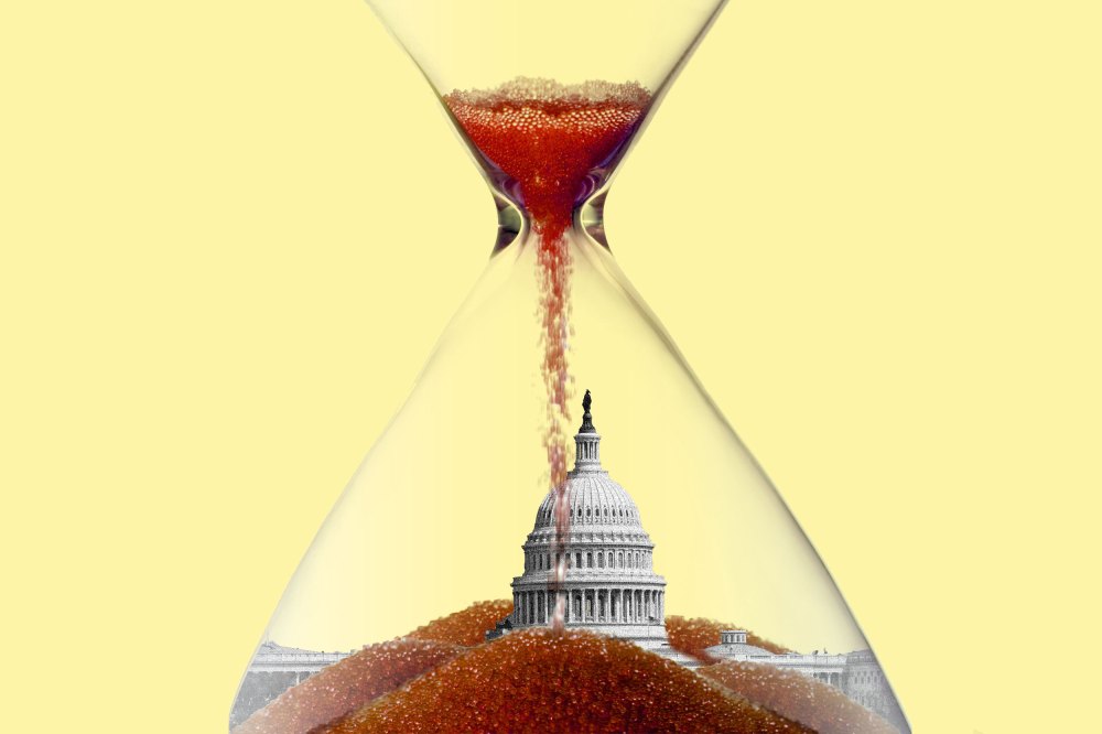 a photo illustration of the US capitol at the bottom of a nearly expired hourglass