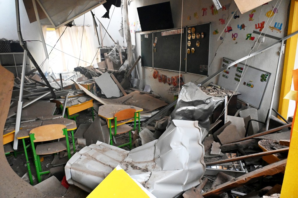 A damaged kindergarten on Oct. 22, 2025, in Kharkiv, Ukraine, following a drone attack.