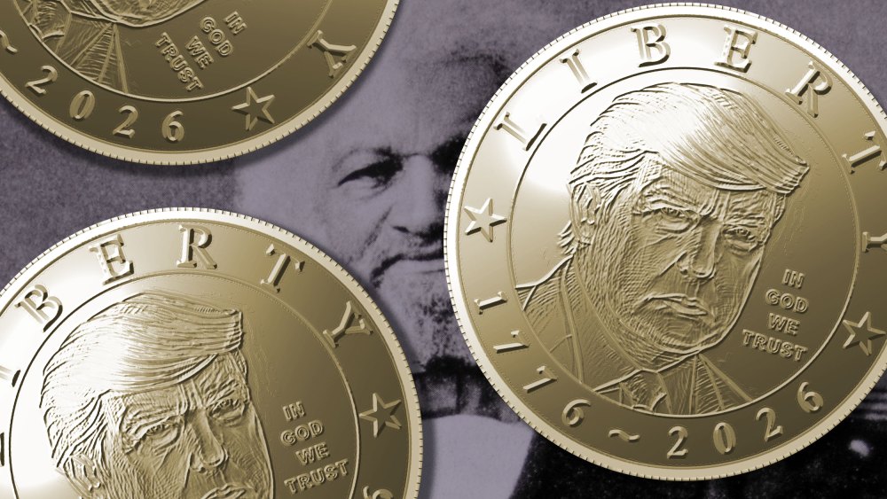 One Dollar coins featuring Trump's likeness overlaying a picture of Frederick Douglass