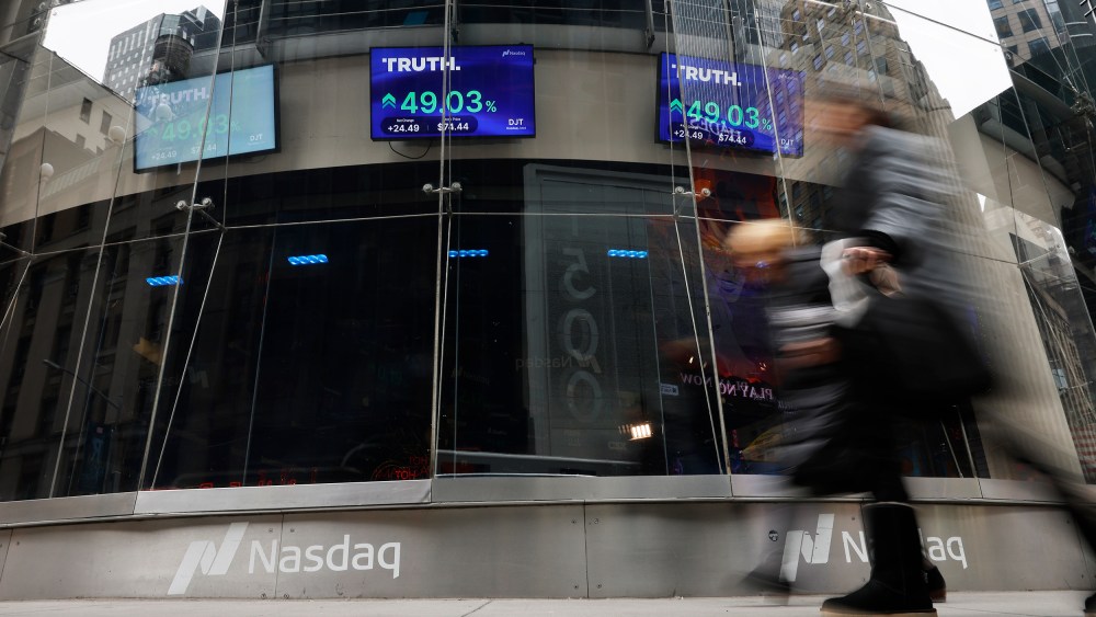 Trump Media stock market trading information seen on a television at the Nasdaq Marketplace on March 26, 2024 in NYC.