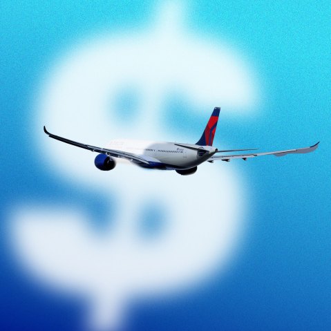 An illustration airplane flying through a dollar sign cloud