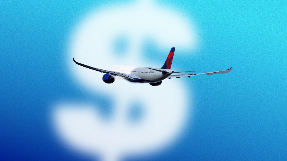 An illustration airplane flying through a dollar sign cloud