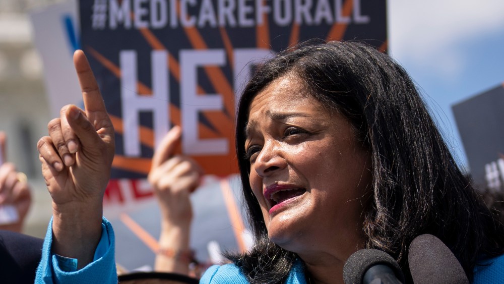 Rep. Pramila Jayapal speaks during a news conference outside the Capitol.