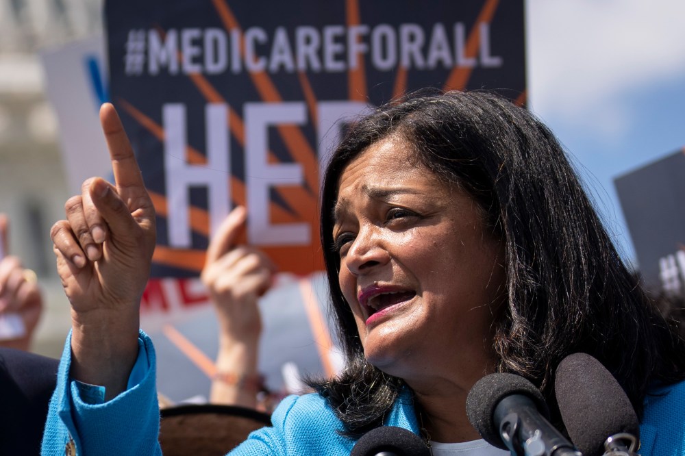 Rep. Pramila Jayapal speaks during a news conference outside the Capitol.