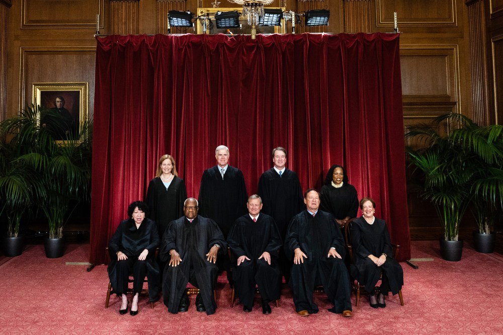 Justices of the US Supreme Court during a formal group photograph on Oct. 7, 2022 at the Supreme Court in Washington, D.C. Seated from left: Associate Justice Sonia Sotomayor, Associate Justice Clarence Thomas, Chief Justice John Roberts, Associate Justice Samuel Alito Jr. and Associate Justice Elena Kagan. Standing from left: Associate Justice Amy Coney Barrett, Associate Justice Neil Gorsuch, Associate Justice Brett Kavanaugh and Associate Justice Ketanji Brown Jackson.