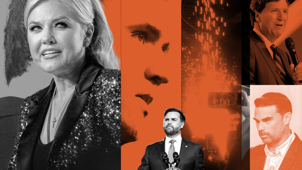 A composite image of Charlie Kirk, Erika Kirk, JD Vance, Tucker Carlson, and Ben Shapiro