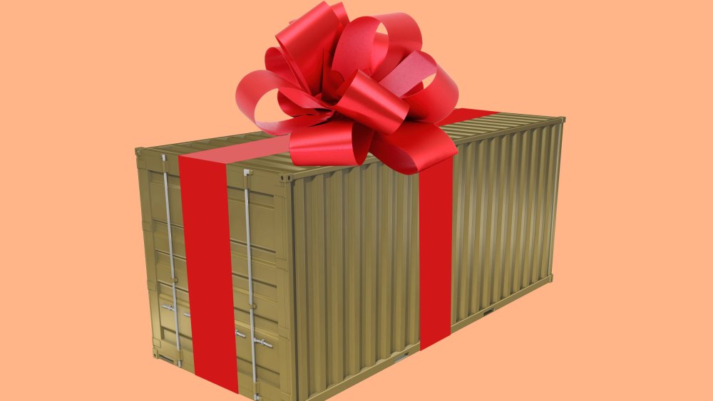 An illustration of a shipping container with a bow on top