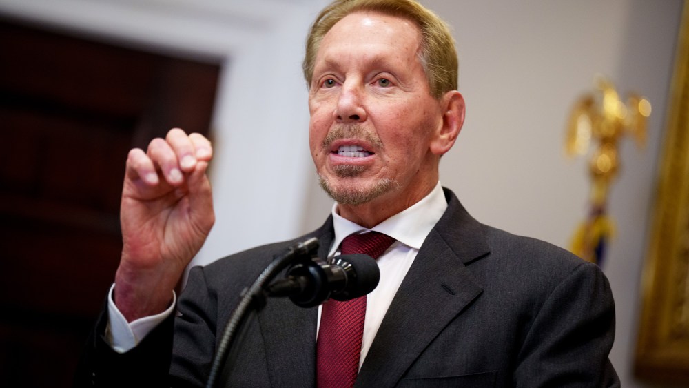 Oracle co-founder Larry Ellison speaks during a news conference in the White House on Jan. 21, 2025.