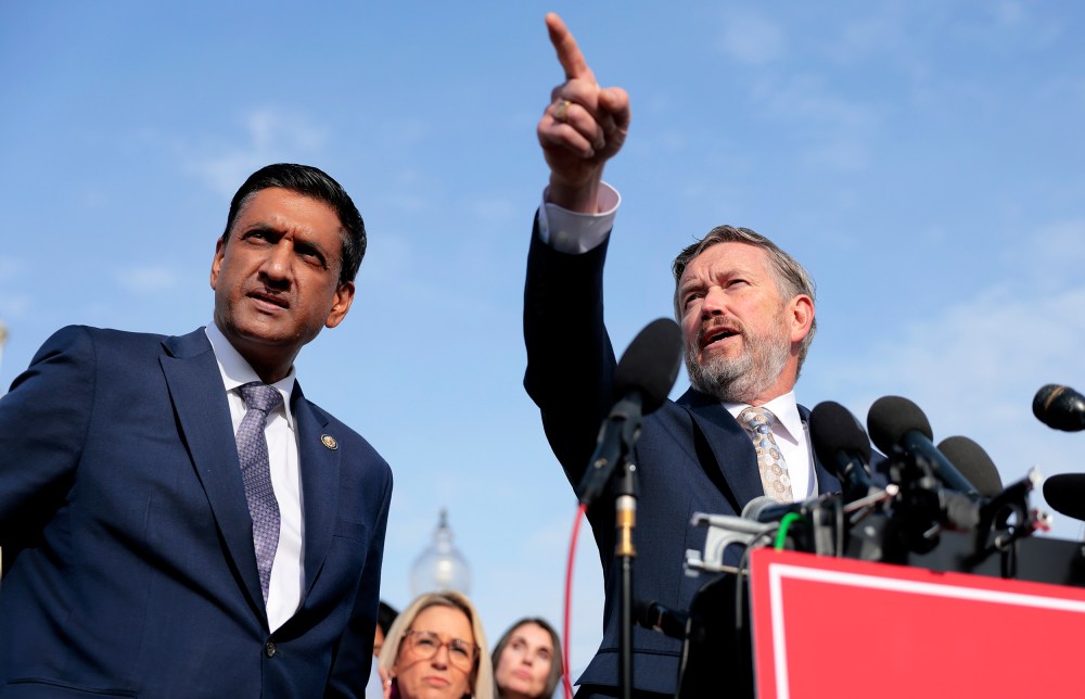 Rep. Thomas Massie and Rep. Ro Khanna during a news conference on the Epstein Files Transparency Act on Nov. 18, 2025 outside the U.S. Capitol.