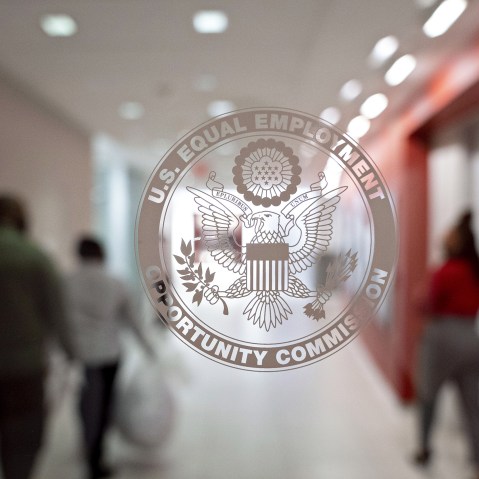 The Equal Employment Opportunity Commission seal on a window at the headquarters in Washington, D.C.
