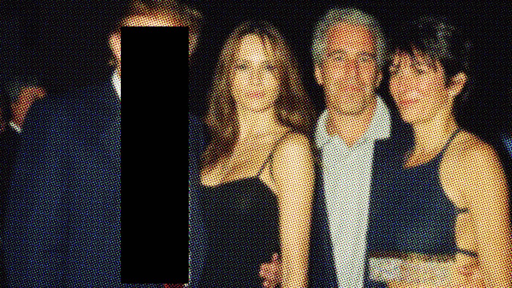 A photo illustration featuring Donald Trump (covered with a black redacted box), Melania Knauss, Jeffrey Epstein and Ghislaine Maxwell together at the Mar-a-Lago club, Palm Beach, F.L., on Feb. 12, 2000.