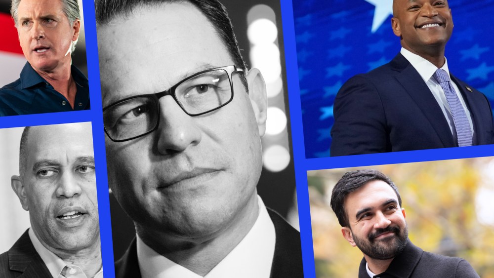 A composite image showing Gavin Newsom, Hakeem Jeffries, Josh Shapiro, Wes Moore, and Zohran Mamdani