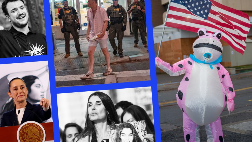 Mahmoud Khalil, Sean Charles Dunn, a demonstrator in a frog suit in Portland, Oregon, an Epstein survivor holds a picture of herself, and Claudia Sheinbaum
