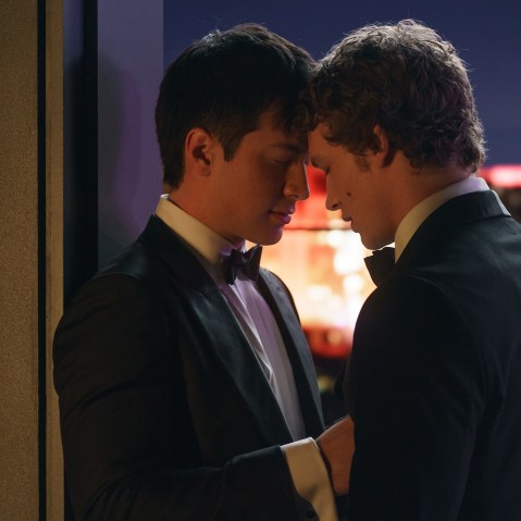 Hudson Williams, left, as Shane Hollander and Connor Storrie as Ilya Rozanov with their foreheads touching
