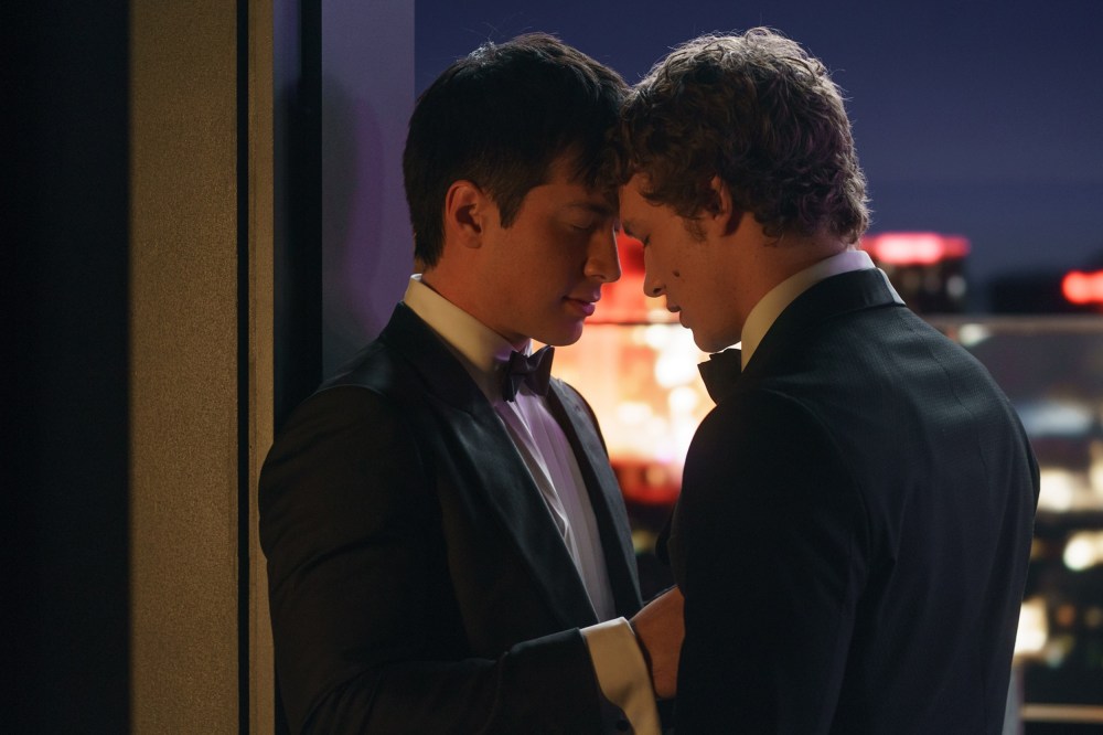 Hudson Williams, left, as Shane Hollander and Connor Storrie as Ilya Rozanov with their foreheads touching