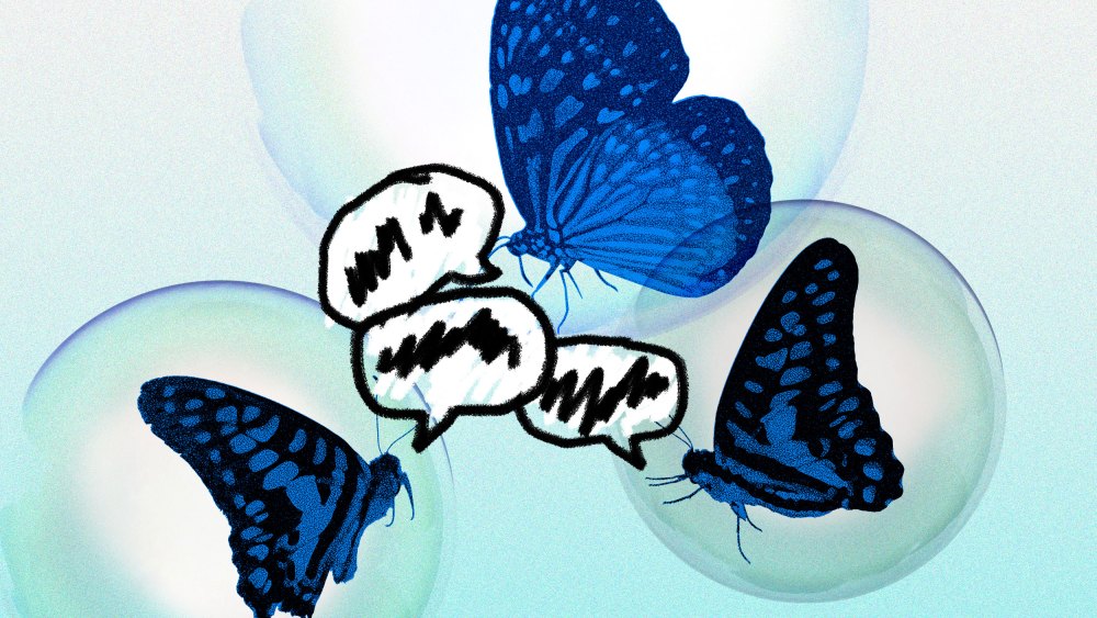 An illustration of butterflies yelling at each other from individual bubbles
