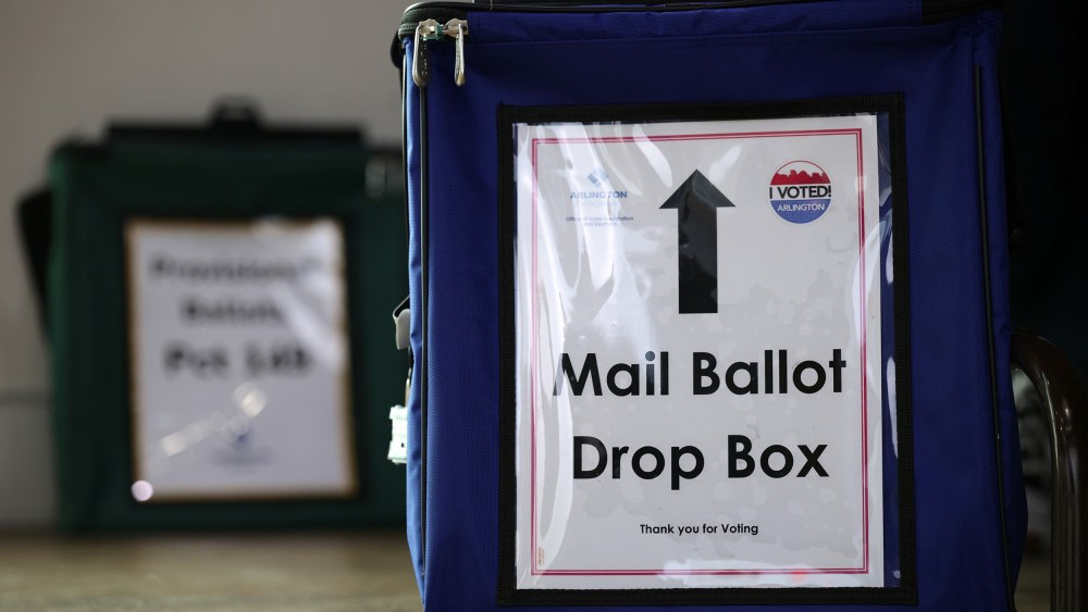 A mail ballot drop box is seen at a polling station