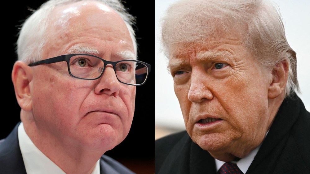 This is a split image of Tim Waltz at left and Donald Trump at right.
