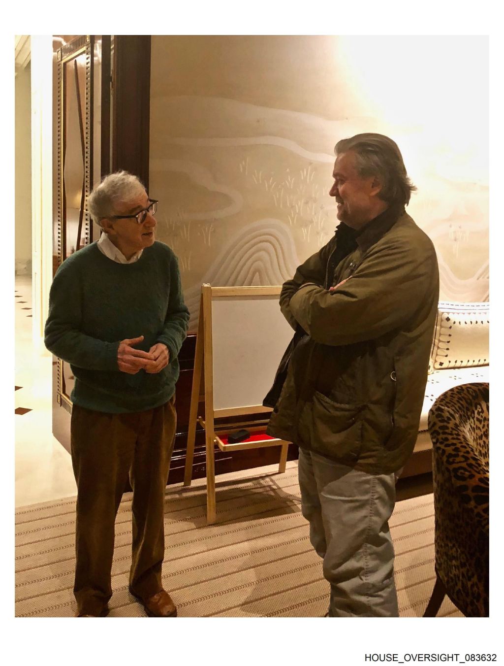 A photo of Woody Allen talking to Steve Bannon