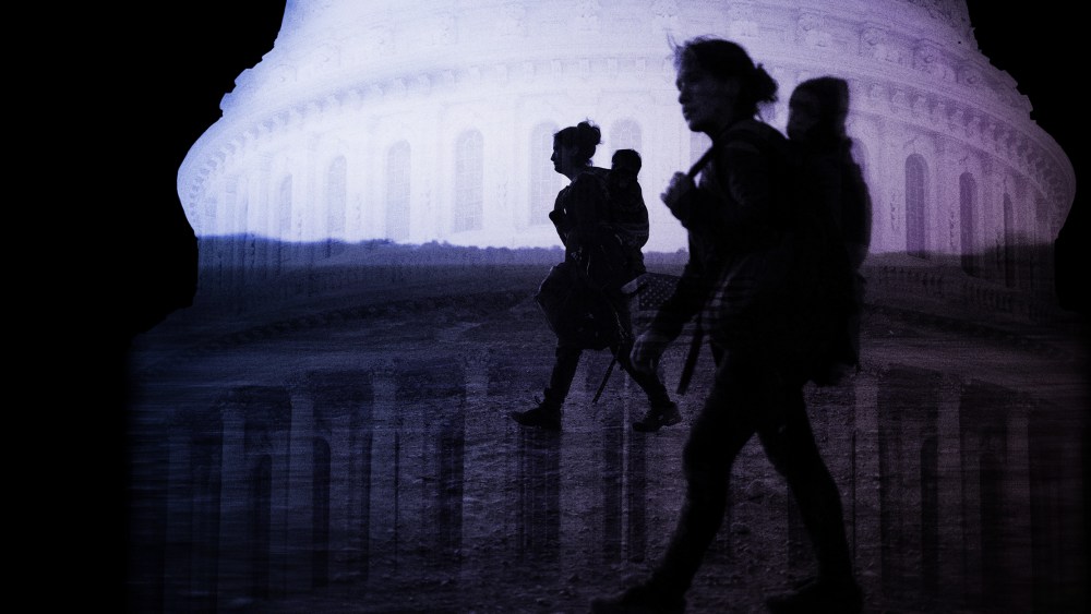 Photo illustration of an image of asylum seeking mothers carrying their children juxtaposed over the U.S. Capitol.