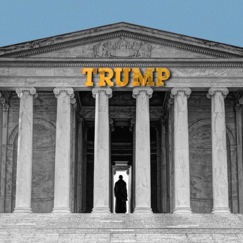 A photo illustration featuring the Jefferson Memorial with Trump's name in gold on top.