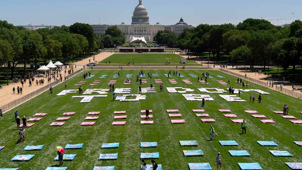 Pink, blue, and white quilt panels rest on the grass of the National Mall.