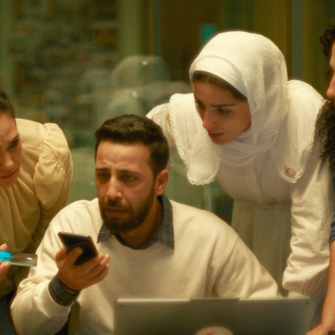 Still from "The Voice of Hind Rajab" with Motaz Malhees, Saja Kilani and Clara Khoury.