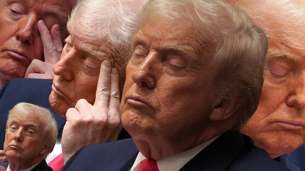 A collage of President Trump nearly falling asleep during his cabinet meeting on Dec. 2, 2025. It combines 5 separate photos.