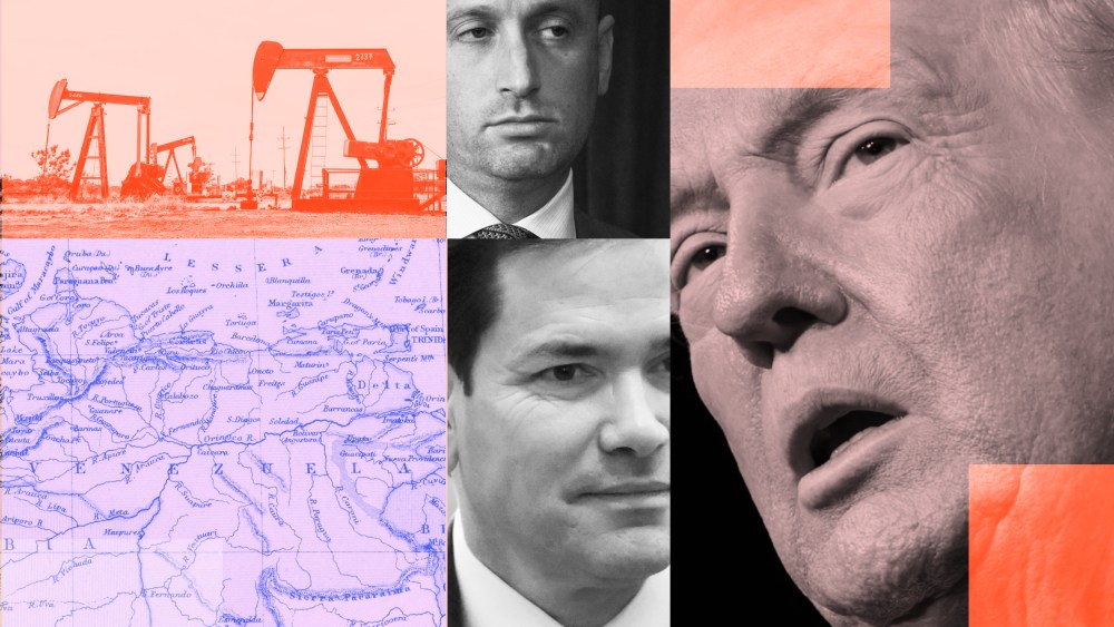 A collage showing Trump, Marco Rubio, and Stephen Miller, overlaying a map of Venezuela