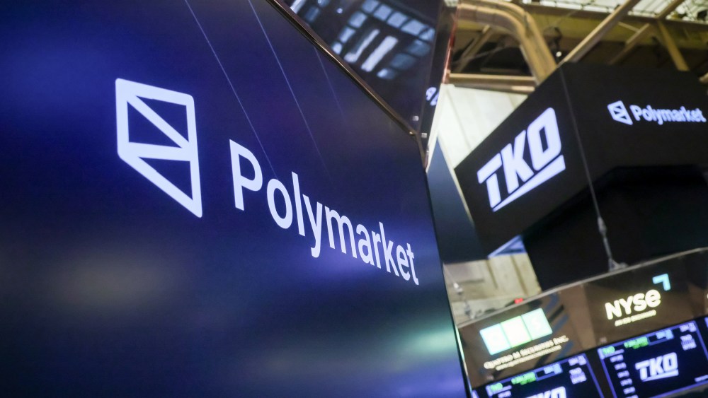 Polymarket signage is seen at the New York Stock Exchange.