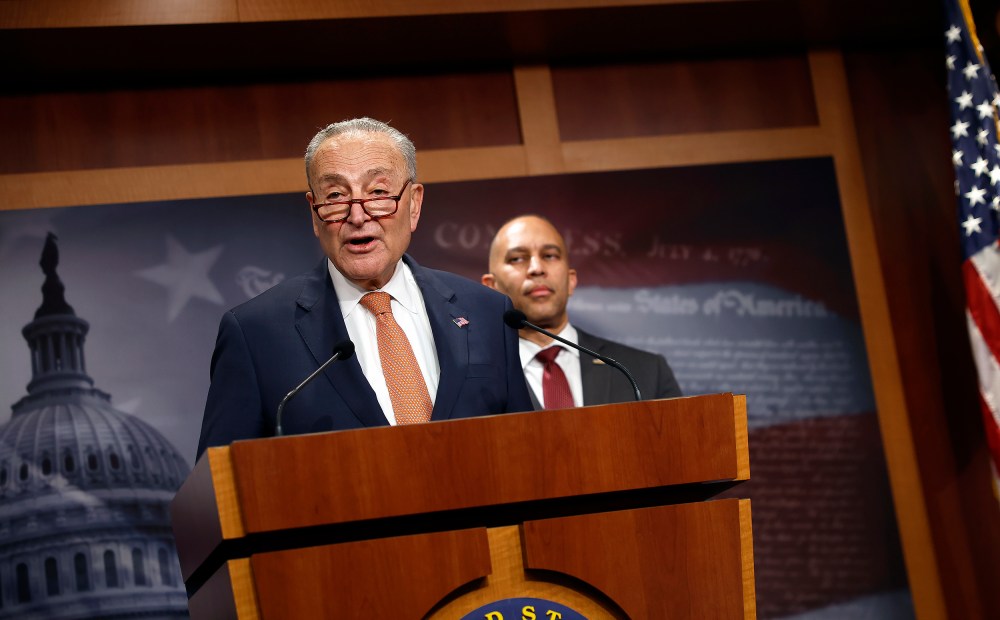 U.S. Senate Minority Leader Charles Schumer and House Minority Leader Hakeem Jeffries at a press conference on Feb. 04, 2025 at the U.S. Capitol.