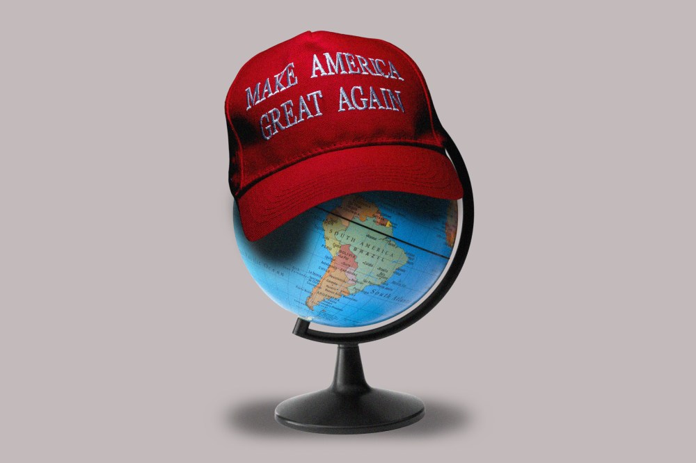 An illustration of a MAGA hat on top of a globe