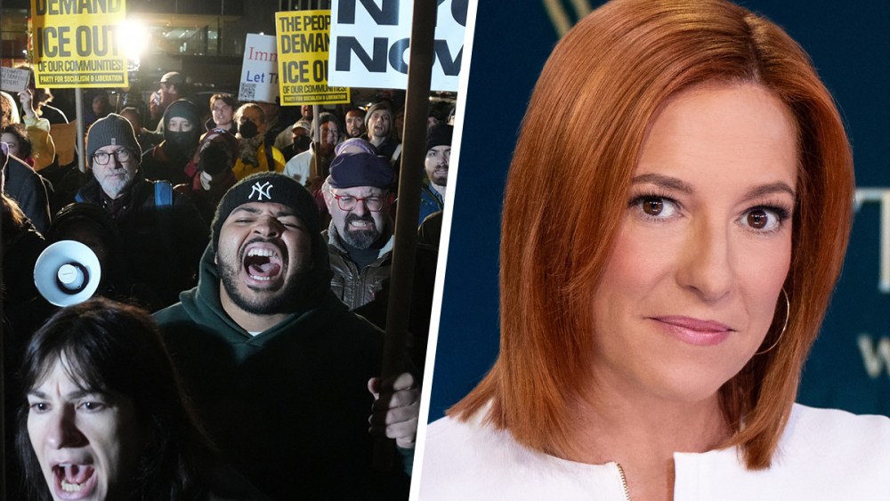 This is a split image. On the left, protestors yell against ICE. On the right is Jen Psaki.