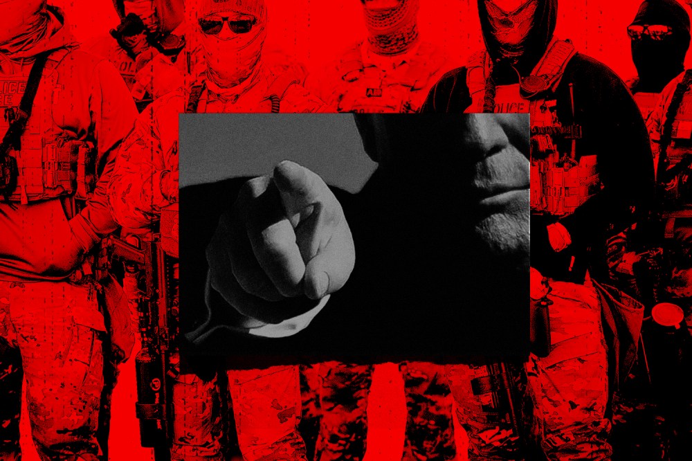 A photo collage of menacing-looking ICE agents with Trump pointing overlayed