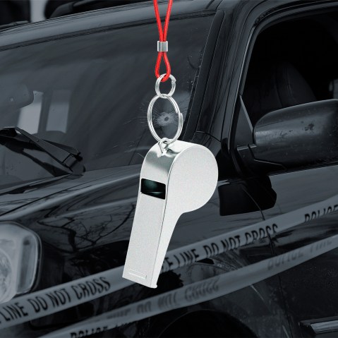 A photo illustration of a whistle in front of Renee Good's vehicle after being involved in a shooting by an ICE agent during federal law enforcement operations.