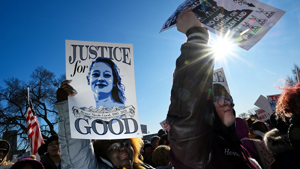 A high school protest of the fatal shooting of Renee Good and federal agents on Jan. 14, 2026 in St Paul, MN.