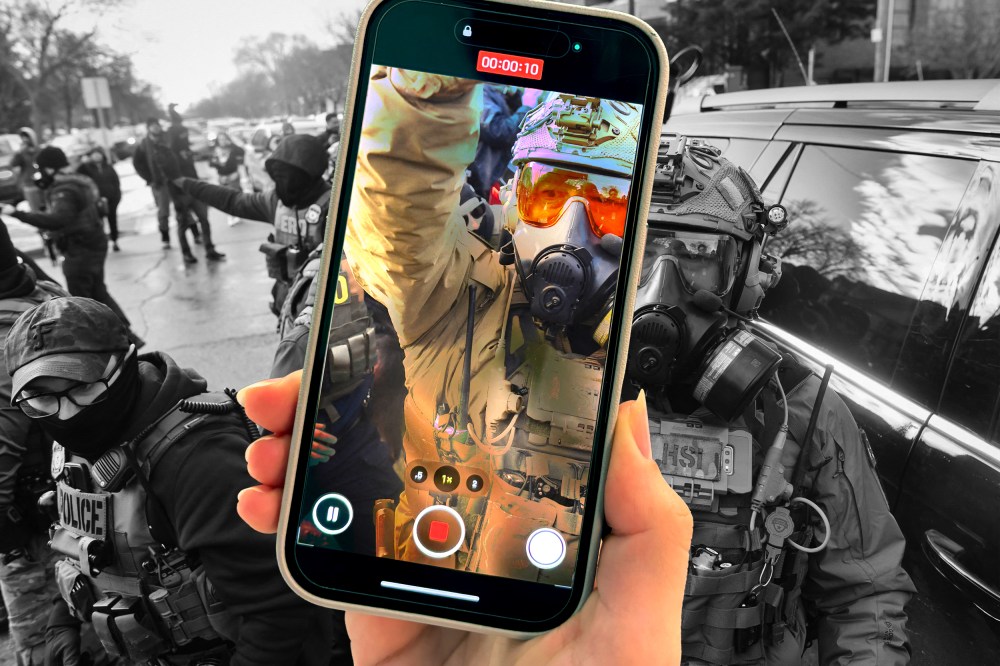 A photo illustration of a person holding an iPhone while filming an ICE agent