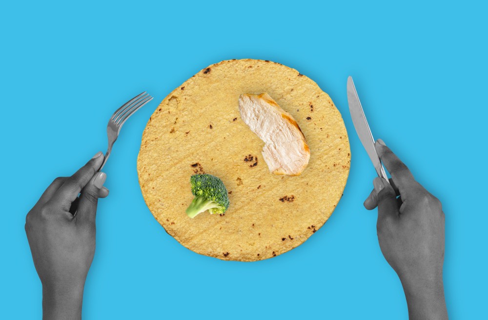 A photo illustration composed of hands holding a knife and fork around a tortilla with a piece of grilled chicken and a piece of broccoli.