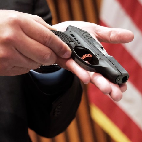 Guns confiscated at New York City public schools at a news conference on May 25, 2022, in New York City.