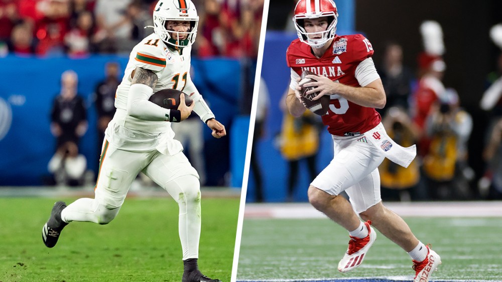 Two photos side by side. On the left, the quarterback of the Miami Hurricanes running to the right holding a football; on the right, the quarterback of the Indiana Hoosiers running to the left holding a football.