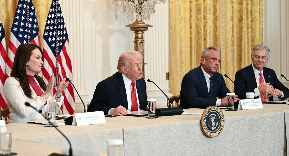 President Donald Trump speaks alongside Secretary of Agriculture Brooke Rollins, Secretary of Health and Human Services Robert F. Kennedy Jr. and Medicare and Medicaid Administrator Mehmet Oz at a roundtable discussion on rural health care investments on Jan. 16, 2026 in the East Room of the White House.