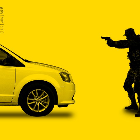 A photo illustration of an ICE agent pointing a gun at a minivan while standing in front of it.