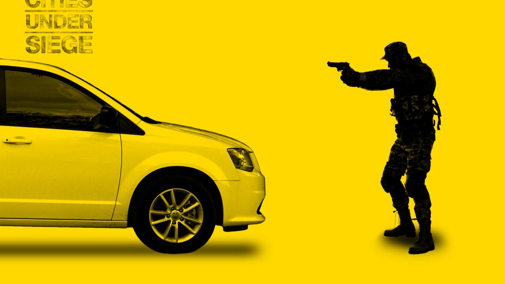 A photo illustration of an ICE agent pointing a gun at a minivan while standing in front of it.