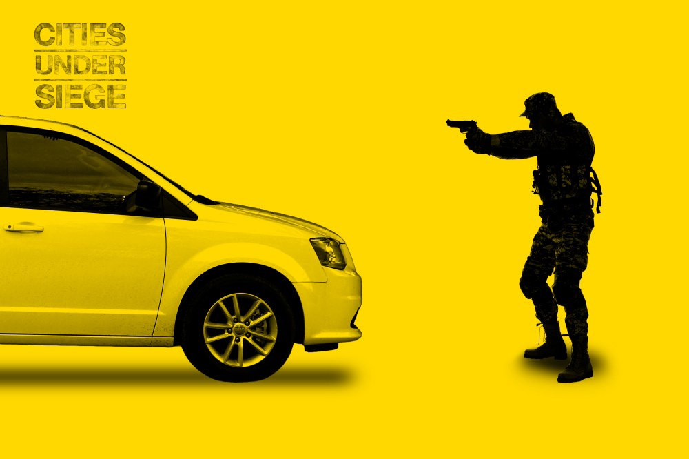 A photo illustration of an ICE agent pointing a gun at a minivan while standing in front of it.