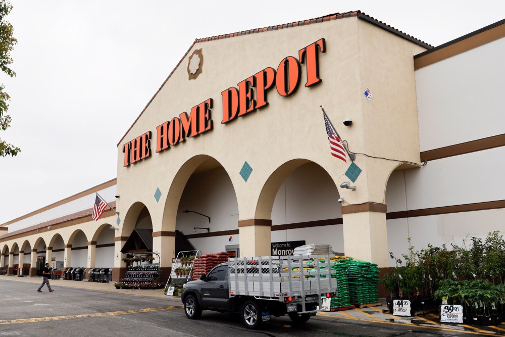 People make their way to the entrance of the Monrovia Home Depot on Aug. 15, 2025 in Monrovia, CA.
